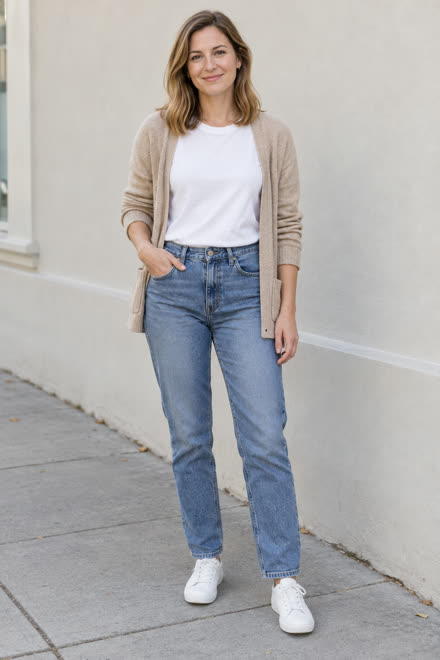 A woman in a beige cardigan, white top and jeans, standing on a sidewalk