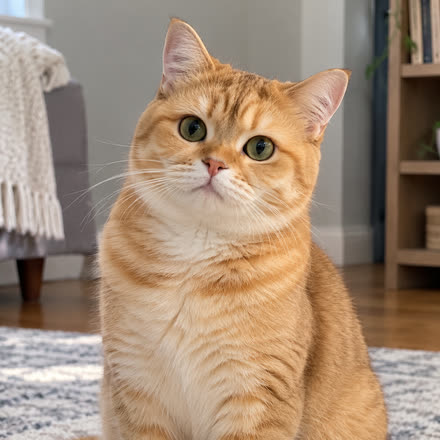 A ginger cat in a red scarf on a wooden floor
