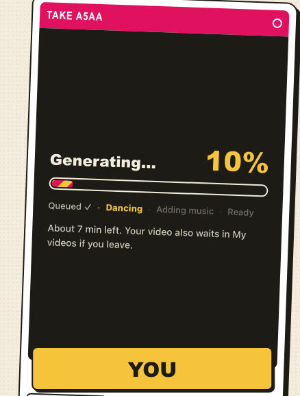 The video card while generating, with a progress bar at 10 percent and the stage Dancing highlighted