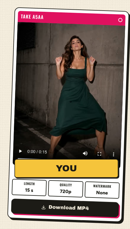 The finished 15-second 720p video in the green dress with a Download MP4 button