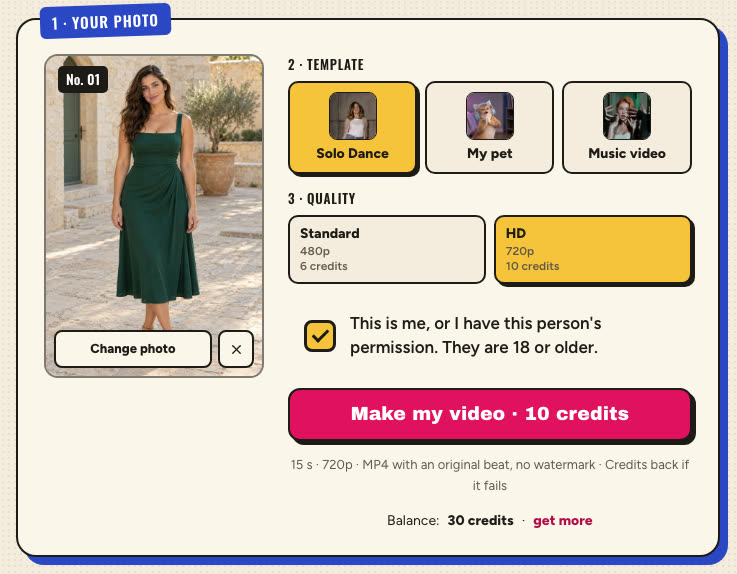 The generator with a green-dress photo uploaded, Solo Dance and HD 720p selected and the consent box ticked