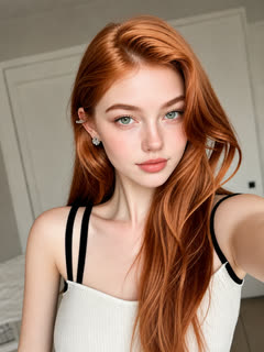 A selfie of a woman with long red hair in a white top