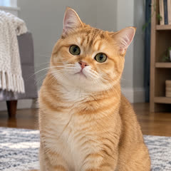 A ginger cat in a red scarf on a wooden floor